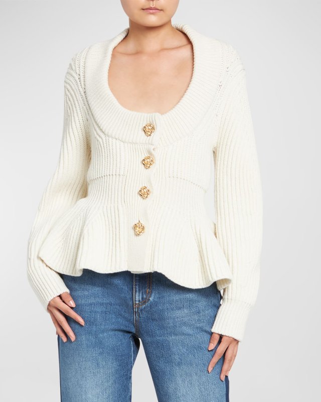 Scoop-Neck Cashmere Rib Peplum Cardigan